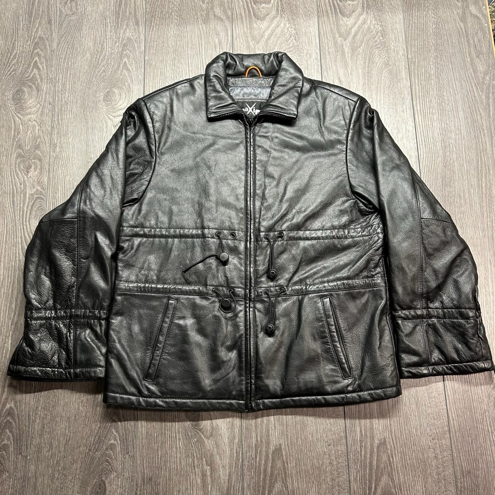 Vintage Maxima Wilsons Leather Jacket Mens Medium Black Y2K Bungee Cinch Zip Up
